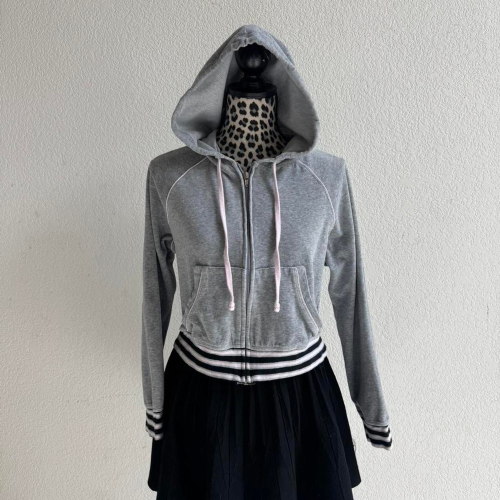 Grey black and pink No Boundaries Y2K velour zip up cropped hoodie